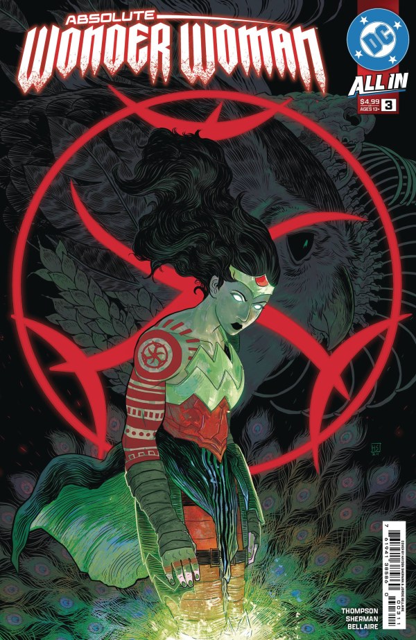 the cover so badass I couldn’t look away cover image of Absolute Wonder Woman issue 3, she stands with glowing eyes in front of a circular red symbol looking badass