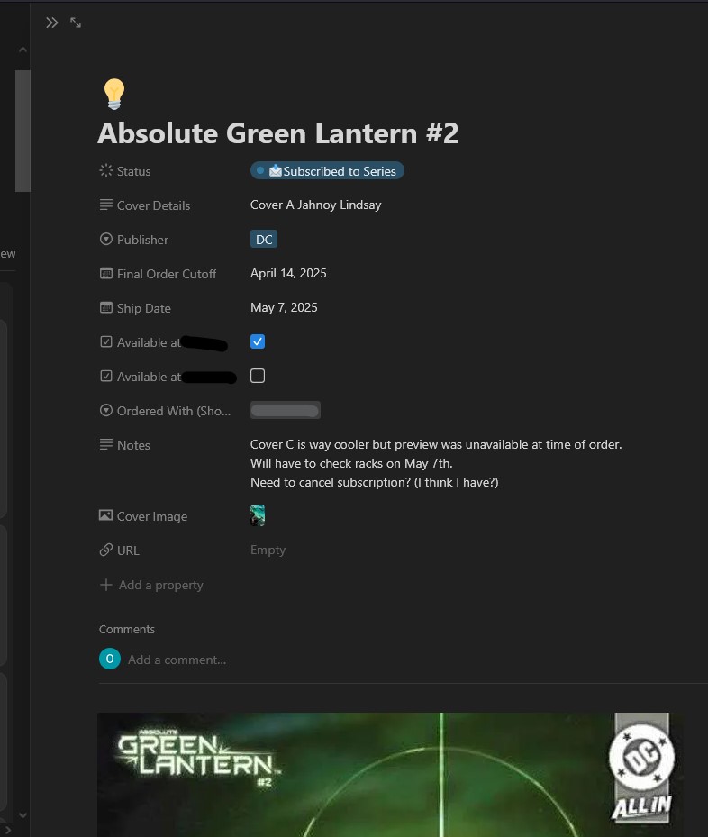 screenshot of an item opened up showing form details for a comic pull