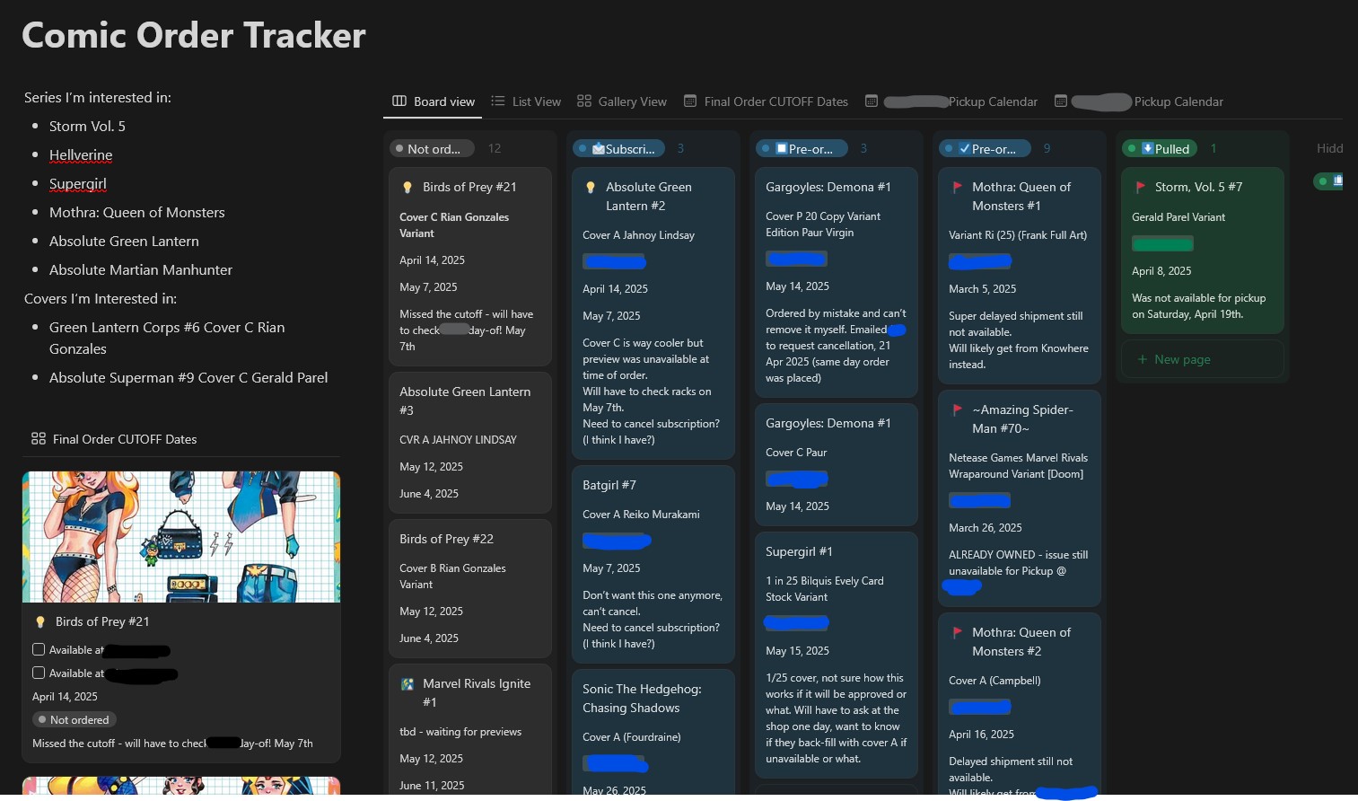 Motion of the Notion screenshot of a Notion page showing comic details in kanban board layout